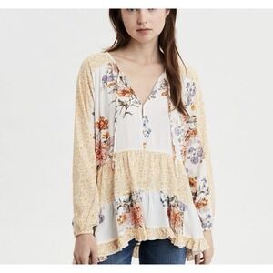 American Eagle Outfitters Womens Blouse M Floral Boho Western Yellow Long Sleeve